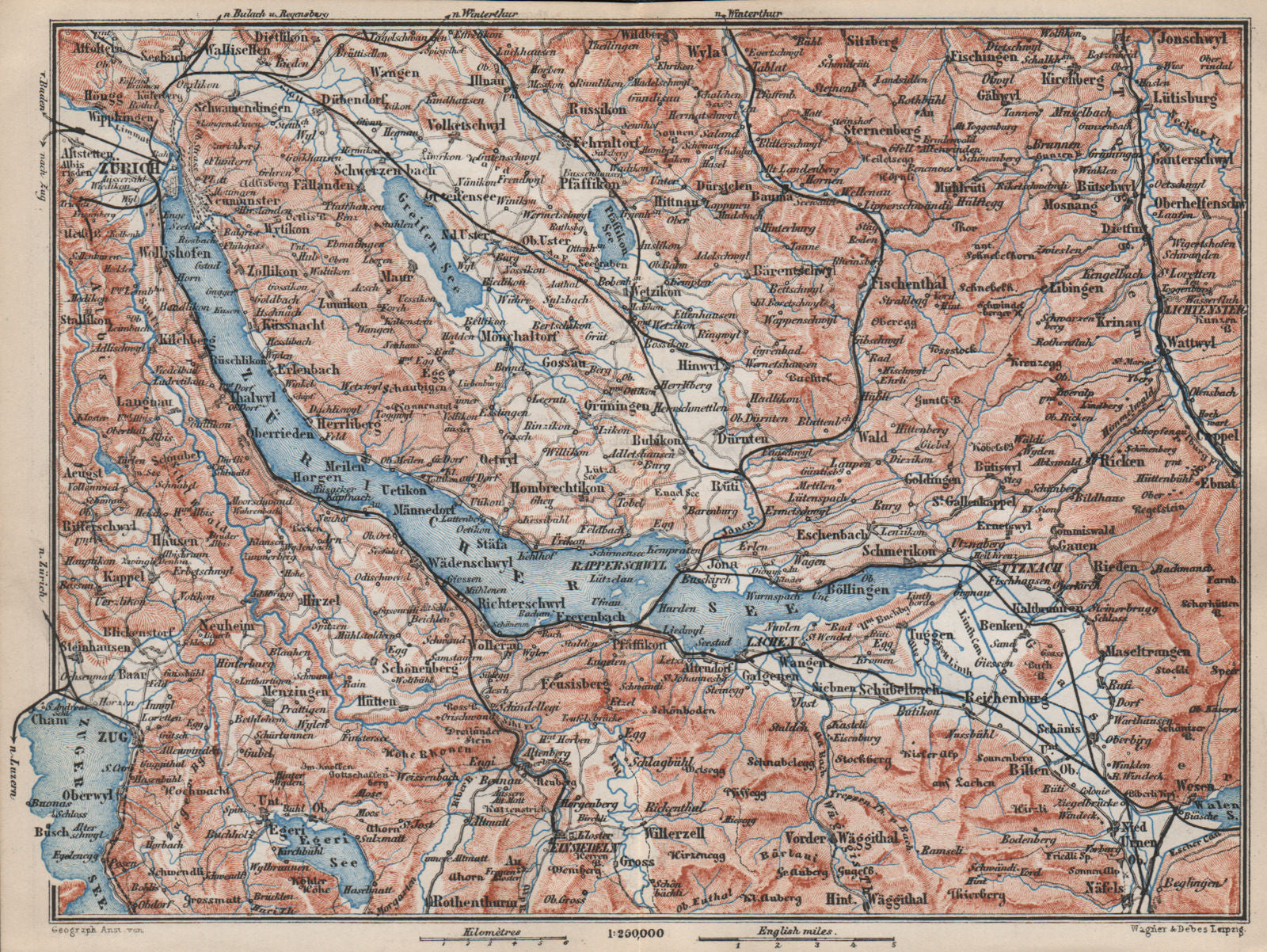 LAKE ZÜRICH. Zuricher See Lachen Utznach.Topo-map. Switzerland Schweiz 1889